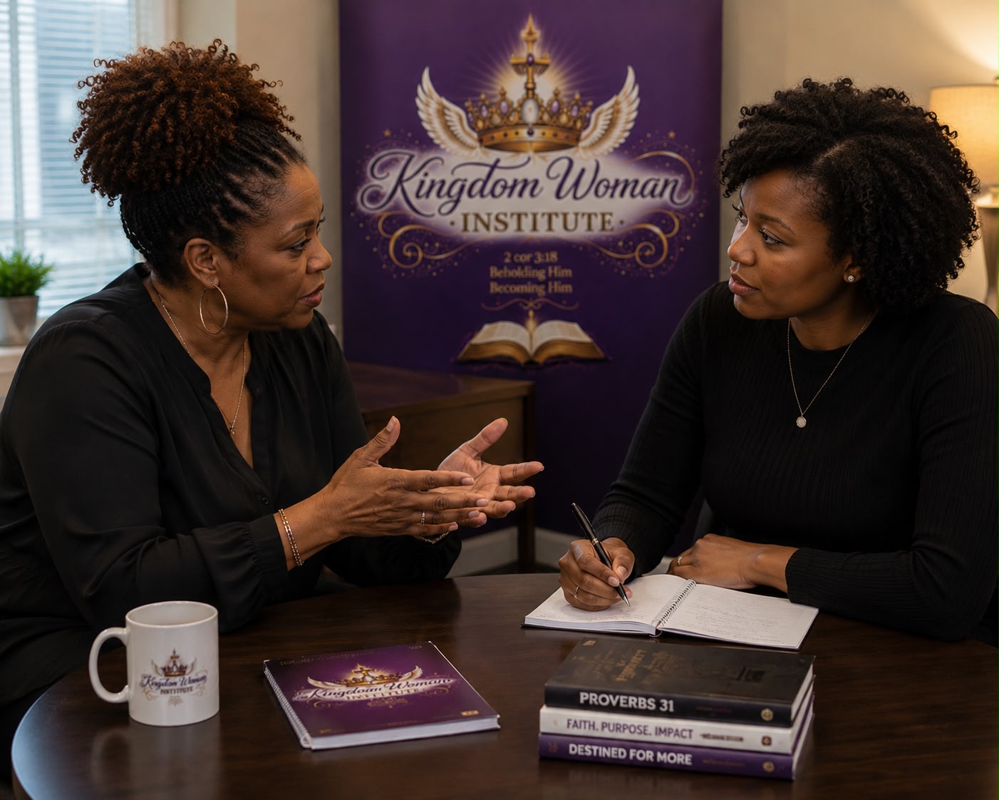 Two black women of varied ages sitting at a table engaging in conversation with a laptop open in front of them, light atmosphere and decorations