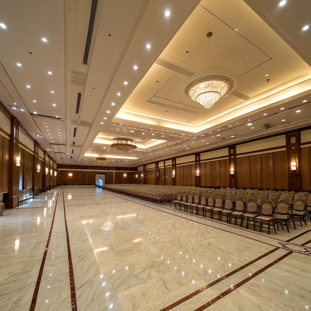 Premium conference hall with royal mauve and rose gold accents