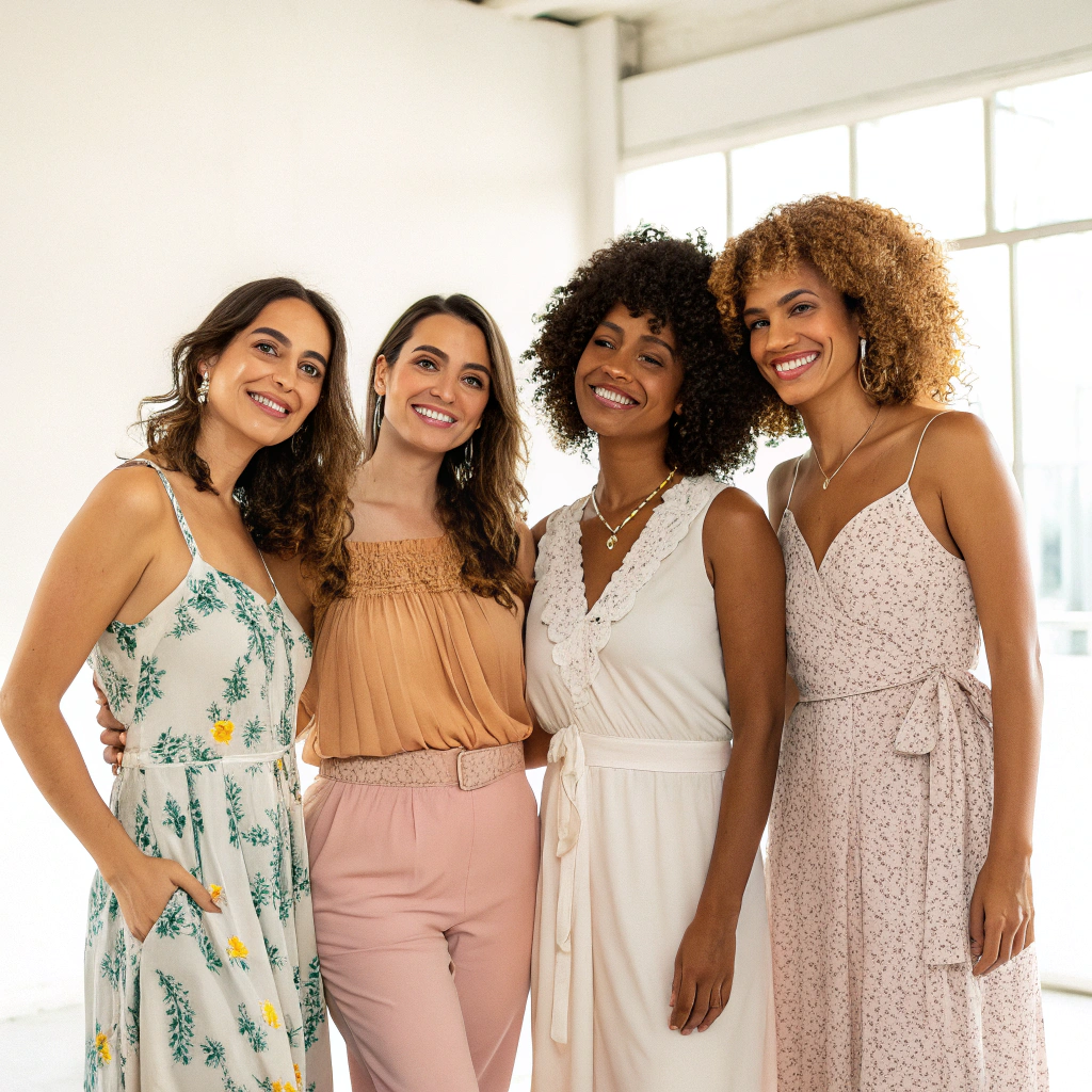 Empowered women gathering in a high-key editorial style portrait