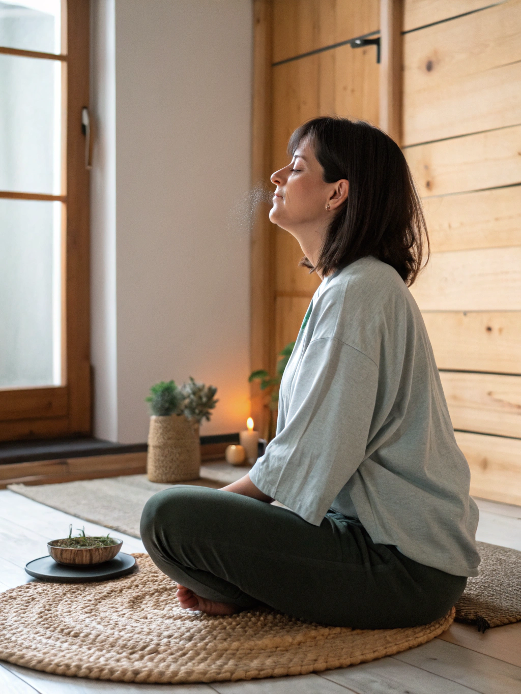 Woman in prayerful meditation with soft heavenly lighting