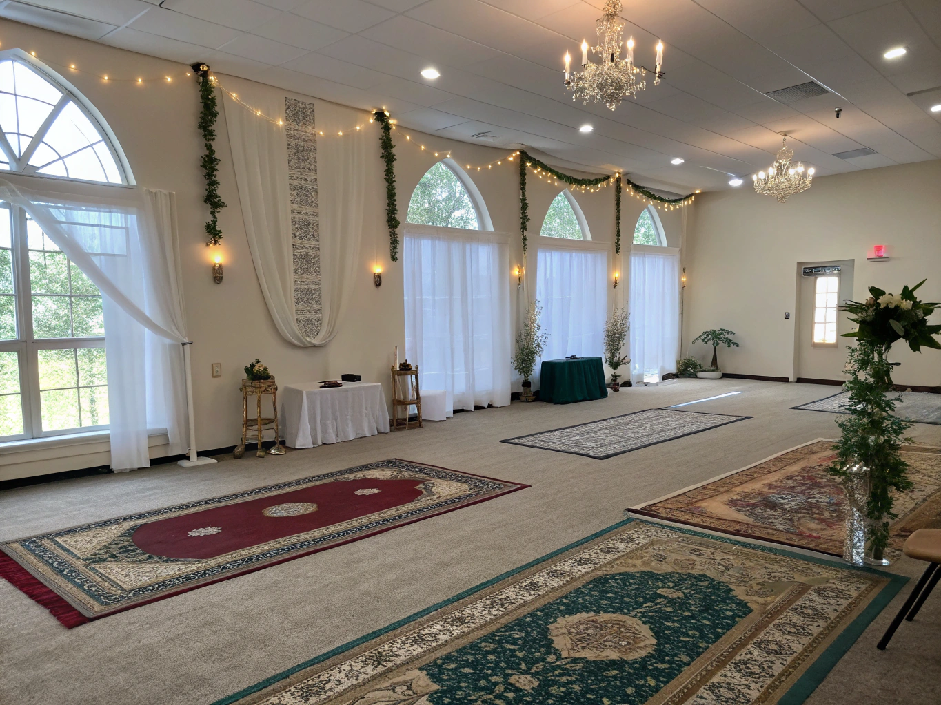 Serene prayer space with architectural arch windows and soft light